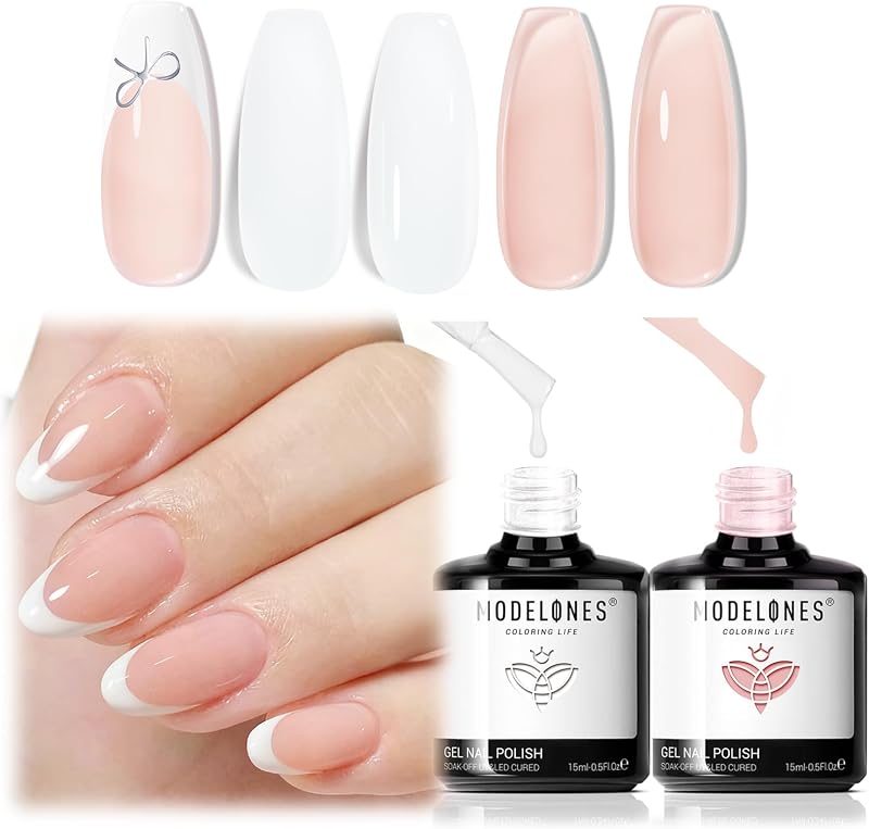 French Tip Gel Nail Polish Set 2 Pcs 15ml Milk White and Nude Pink French Manicure Kit Jelly Nude Soak Off UV Natural Base Color Gel Polish Nail Art Home DIY Gift for Women