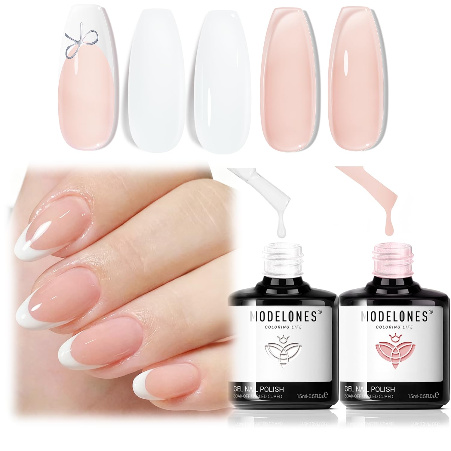 modelones French Tip Gel Nail Polish Set 2 Pcs 15ml Milk White and Nude Pink French Manicure Kit Jelly Nude Soak Off UV Natural Base Color Gel Polish Nail Art Home DIY Gift for Women: 2pcs Clear Gold 3D Ge 0.25 Fl Oz (Pack of 2)