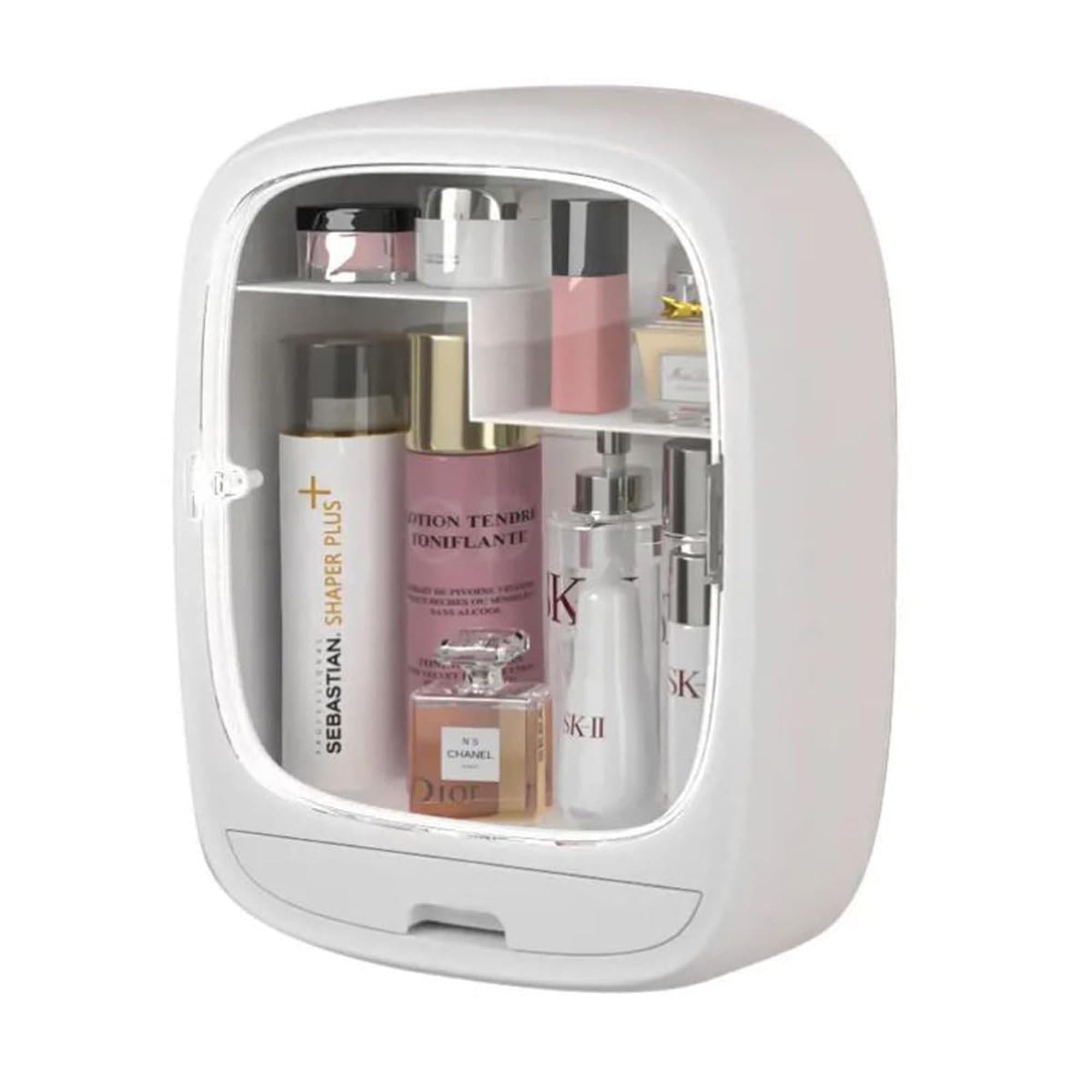 SIBY Acrylic Wall Hanging Makeup Storage Box | Transparent Dustproof Cosmetics Box Stick on Wall | Makeup Organizer Cabinet Rack | Women Skin Care Beauty Rack | Perfume Cream Stand(White)-image-32