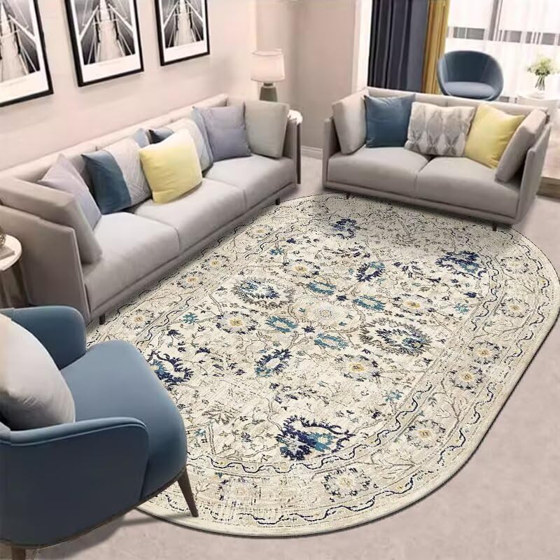 Alfombra moderna tejida en pelo corto diseño floral clásico azul sobre beige 80x140cm