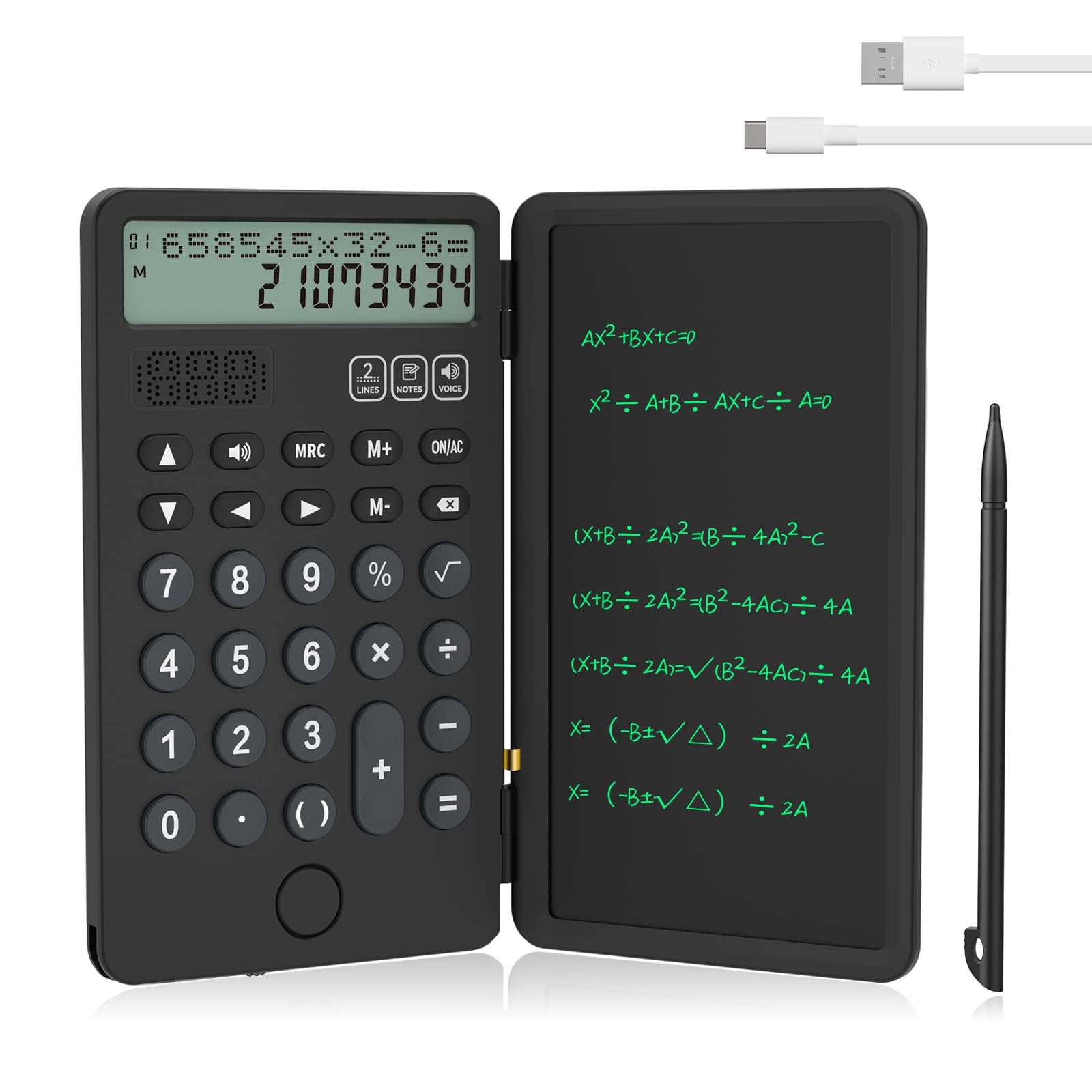 NEWYES 電卓付き電子メモパッド Type C充電可 2行表示 折りたたみ式 ワンタッチ消去 多機能 計算機 電卓 デジタルメモ 12桁 使いやすい 小型 ６インチ コンパクト 職場 家庭 仕事用