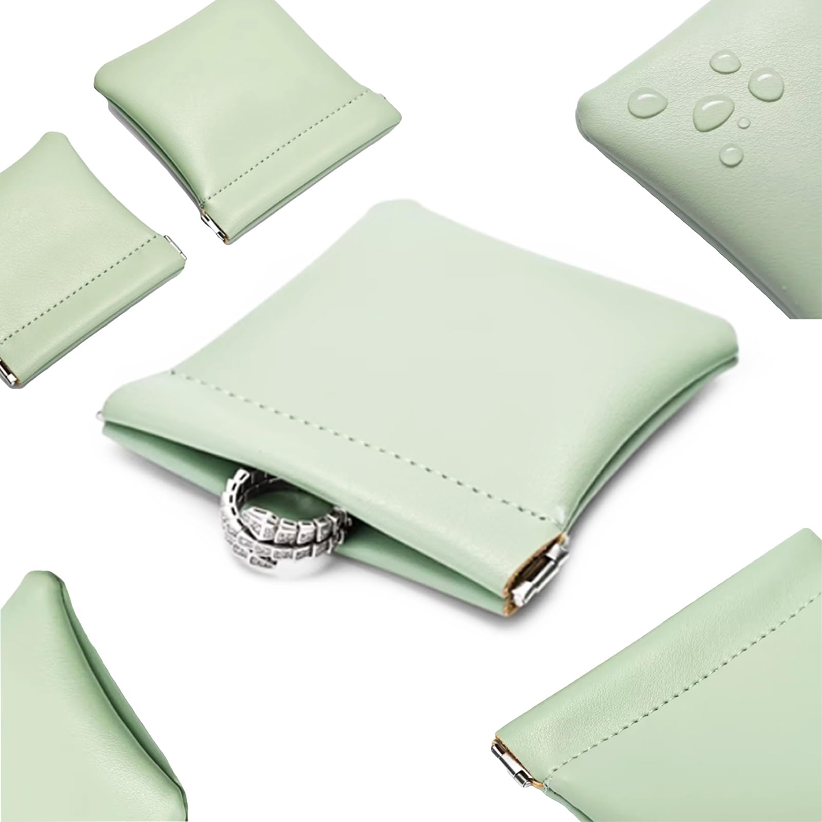 AJOJO 4 Pcs Lambskin Pocket Cosmetic Bags, 4 Size Waterproof Portable No Zipper Self-Closing Cute Small Makeup Pouch for Women, Pu Leather Bag for Cosmetics Headphones Jewelry (Green) 1
