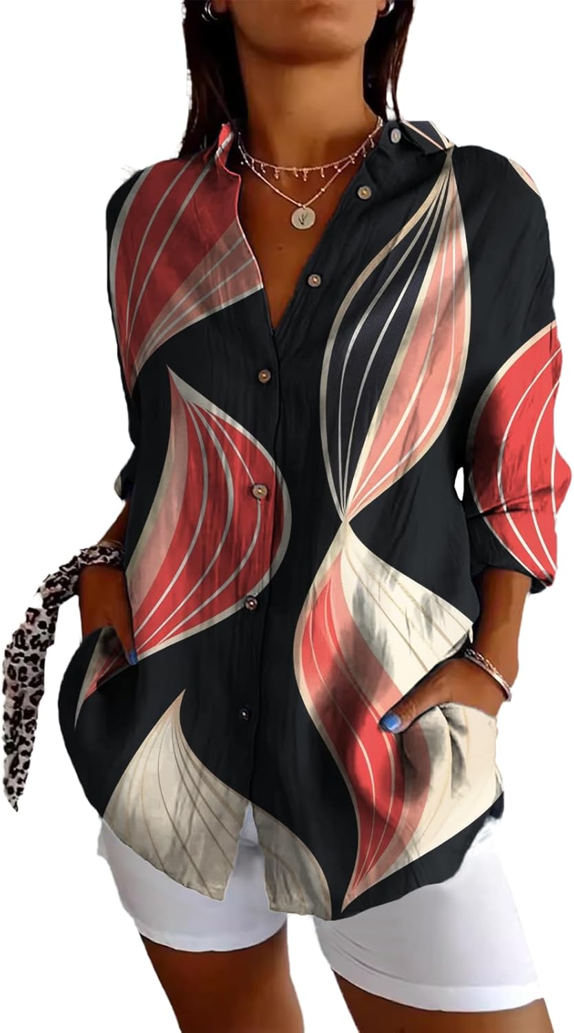 Casual Tops for Women Blouses Button Down Plus Size Hawaiian Outfits Boho Long Sleeve V Neck Trendy Floral Work Shirts