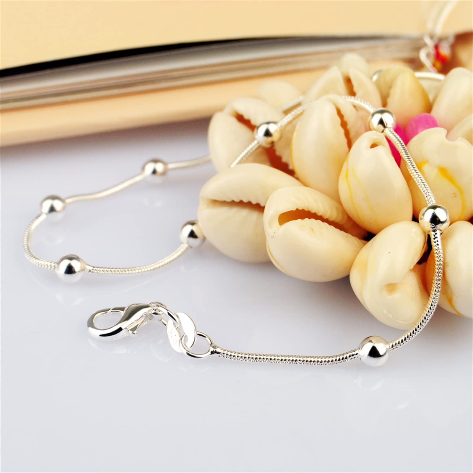 Fußkettchen Sommer Modeschmuck 925 Sterling Silber Fußkettchen Weibliche Modelle Einfacher Stil Runde Perle Solide Silber Fußkette Frauen Fußkettchen