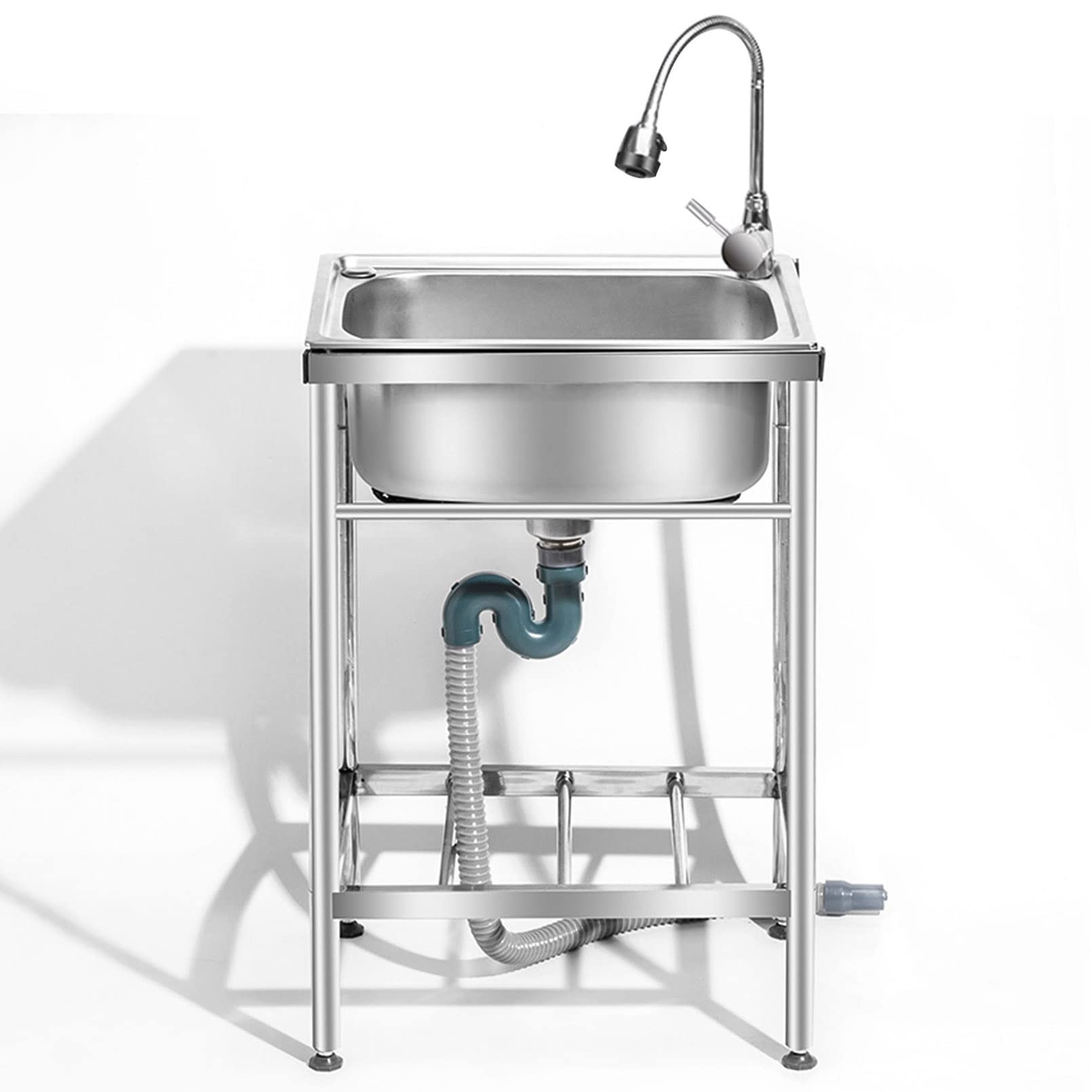 Évier autoportant avec robinet et étagères, station de lavage en acier inoxydable