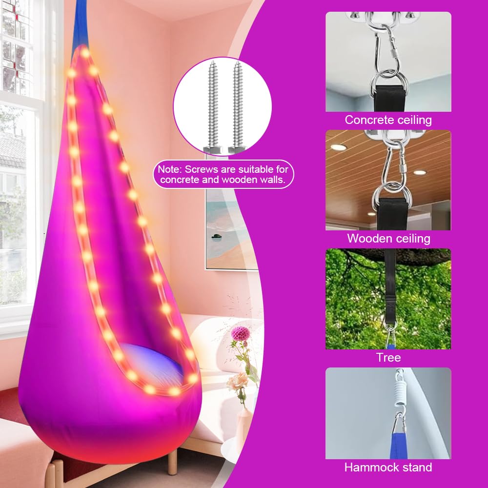 Hängehöhle, Tragbarer Hängesessel Schaukel mit LED, Pod Swing Seat mit Aufblasbarem Kissen, Hängesitz Schaukel, Pod Schaukelsitz max 80kg für Den Innen und Außenbereich