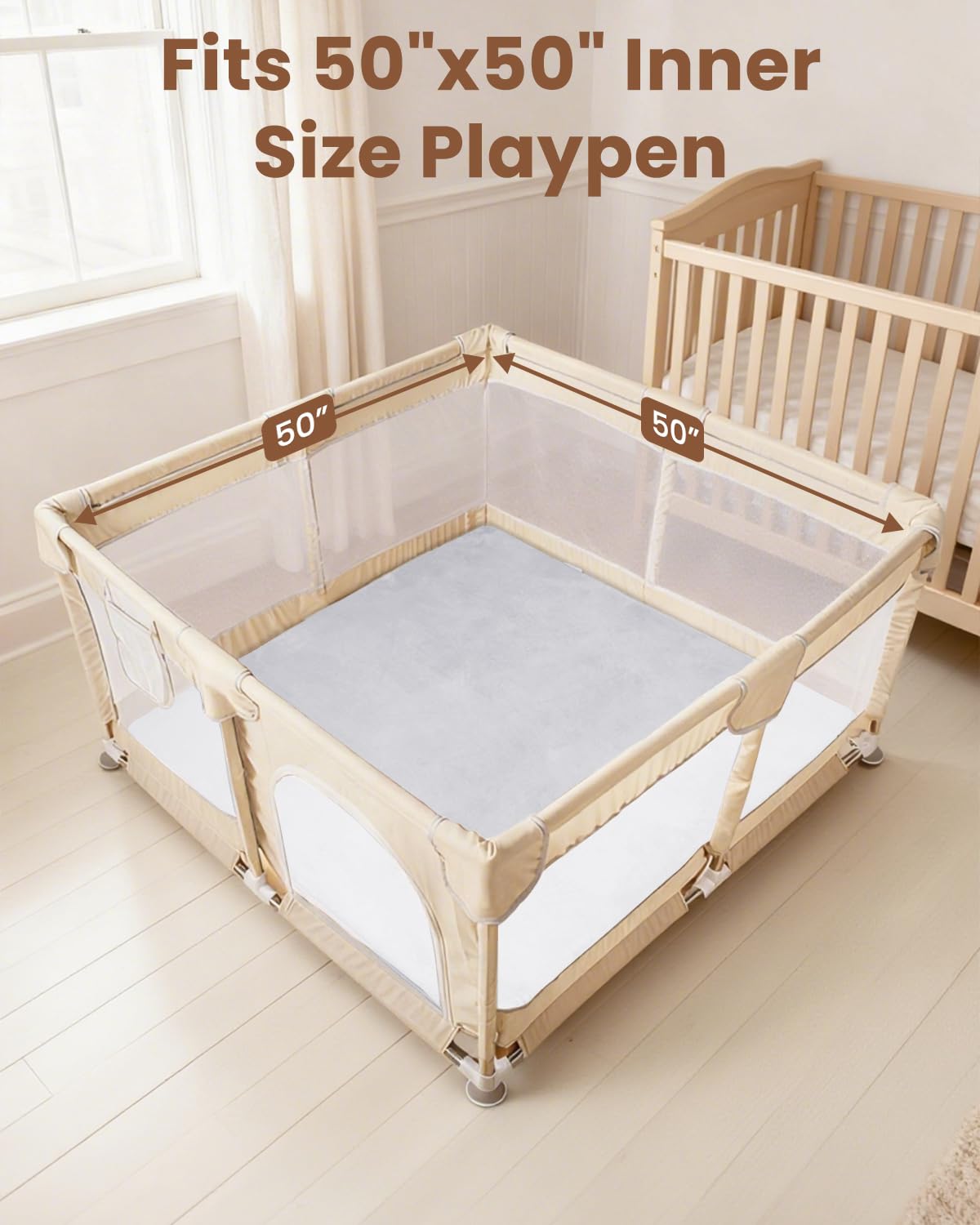 Thickened Baby Play Mat for Floor, 50x50 Foam Playpen Mat, Easy to Wipe Clean, Non-Slip Bottom Tummy Time Mat, Easy Storage Playmat, Super Soft Coral Velvet Nursery Rug, Perfect for Baby to Crawl - Gray