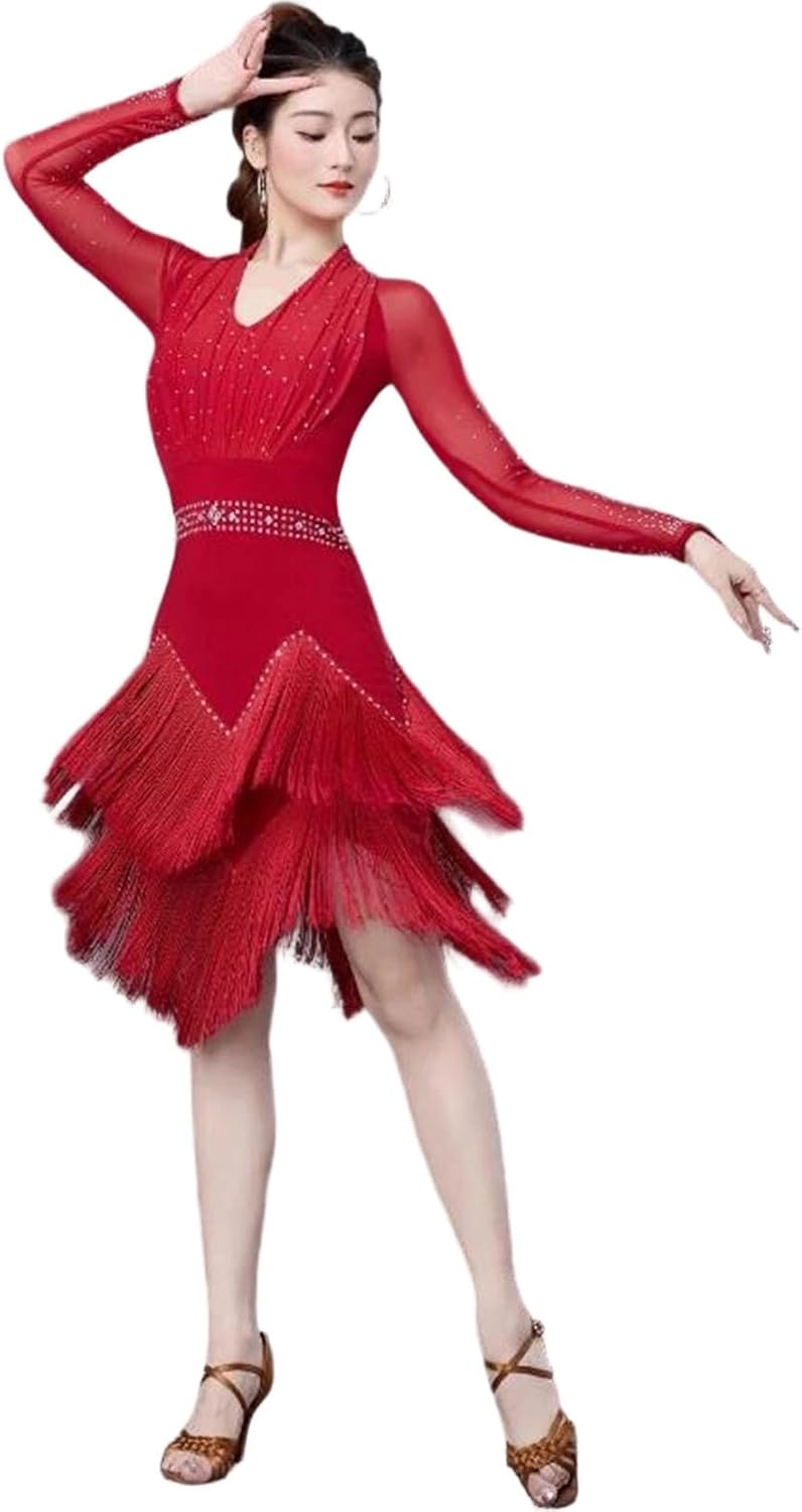 Women Latin Dance Long Sleeve Dress Summer Rhinestone Fringe Outfit Adult Competition Performance Wear