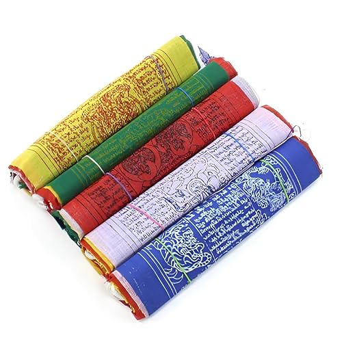 Lot de 5 drapeaux de prière tibétains traditionnels en coton multicolore, 220 cm de long, décoration d'intérieur et d'extérieur, religieux, bouddhiste spirituel