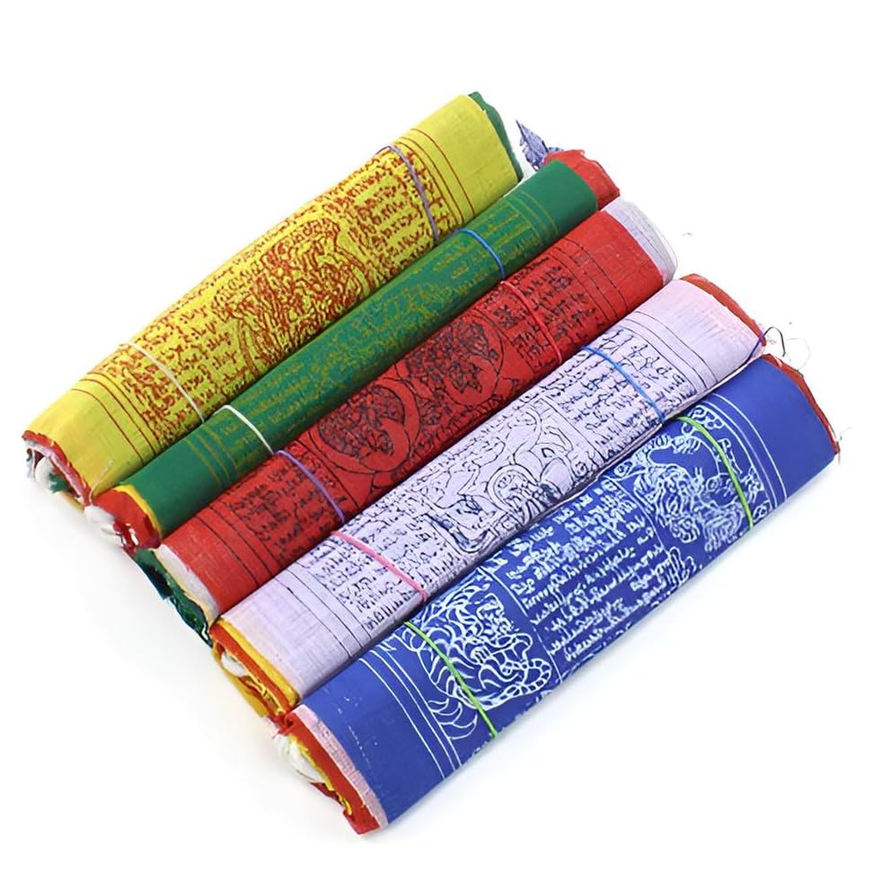 Traditional Tibetan Prayer Flags, Cotton, Multicolor Buddhist Mantras, Indoor Outdoor Decor, 10 Flags, 5 Sets, Sacred Symbols (10cm)