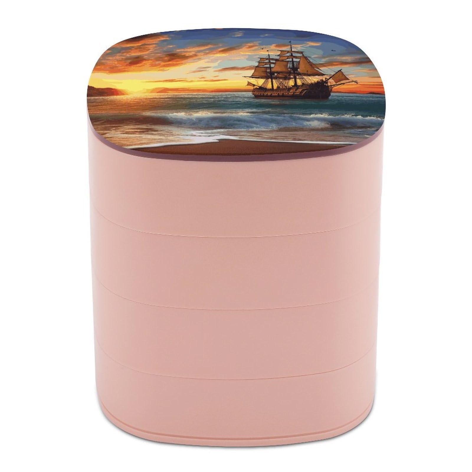 JTREHY Pirate Ship in The SunsetJewelry Box 4-Layer Rotating Stronge Boxs Round Travel Jewelry Case with Lid for Bracelets Rings Bracelets, Gift for Women