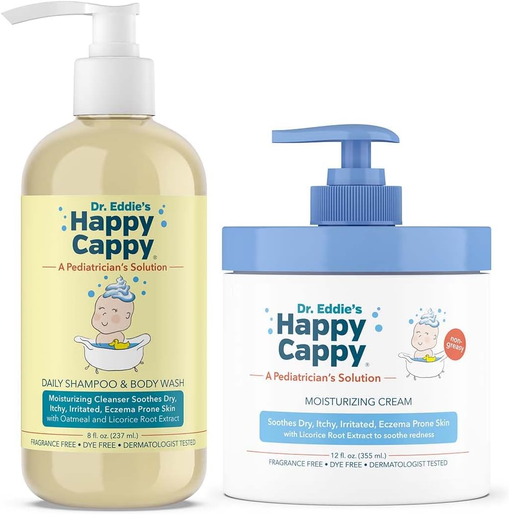 Happy Cappy Baby Shampoo and Body Wash and Moisturizing Cream Bundle - Eczema Body Wash and Lotion for Kids, Toddler, Adults, Helps with Dryness, Reduces Itching, Dermatologist Tested, Fragrance-Free