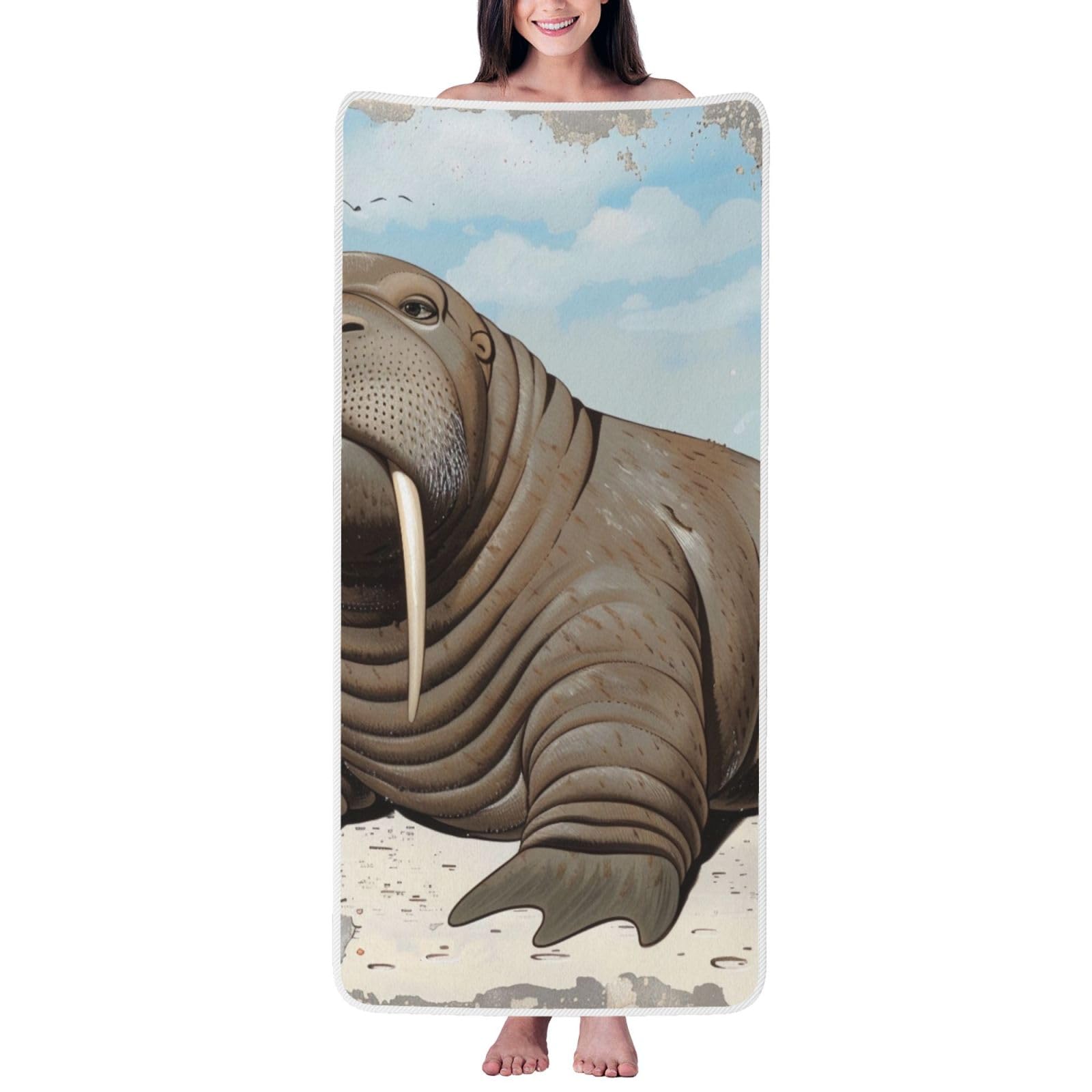 WPKJU Walrus Printed Bath Towel with White Edging - 27x55 in Soft Extra Absorbent Coral Velvet Shower Towels for Bathroom