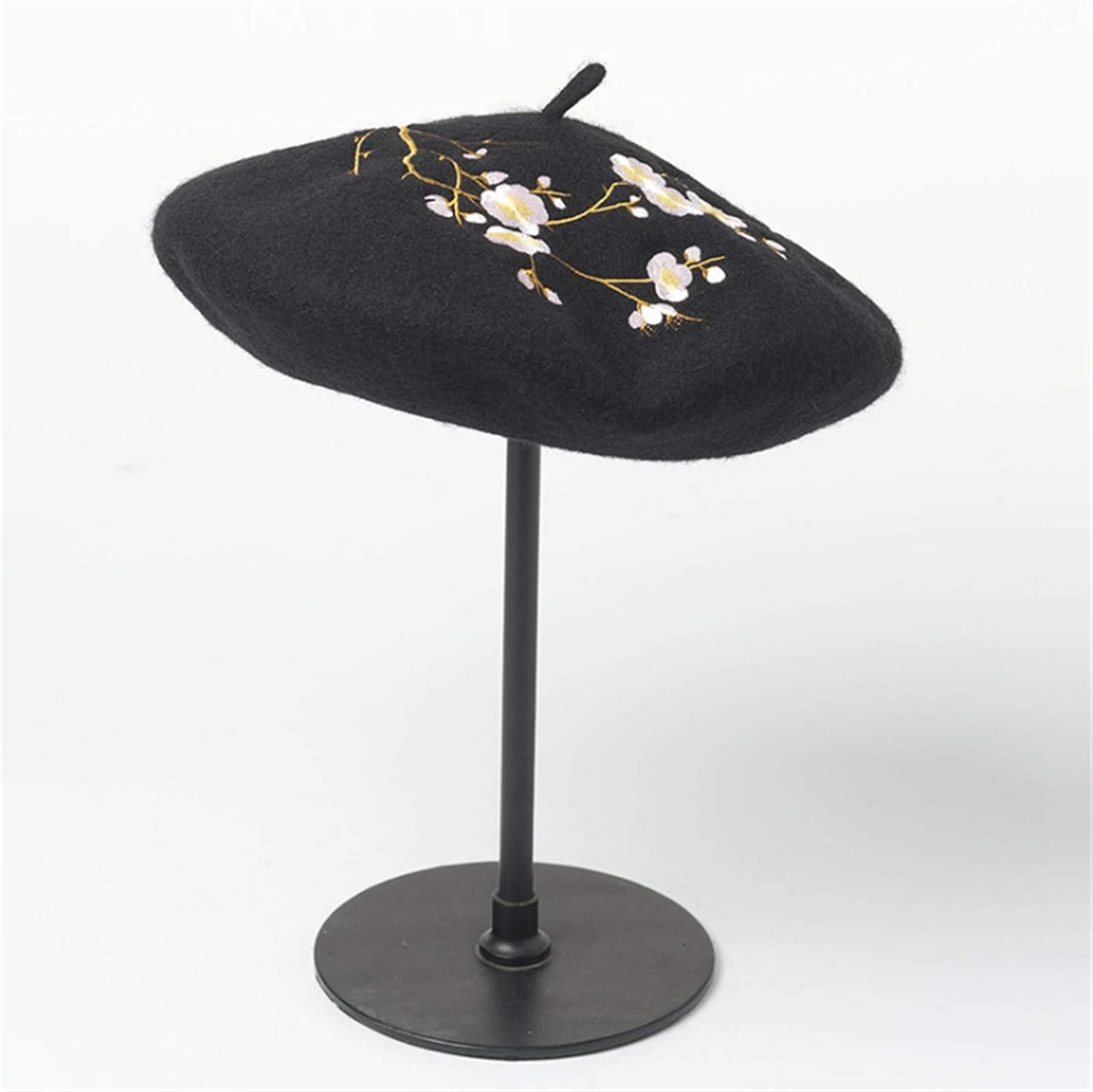 暖かいベレット 秋と冬の梅刺繍ウールベレーペインターハットレディースウールのベレー帽ハット 予定 (Color : Black, S