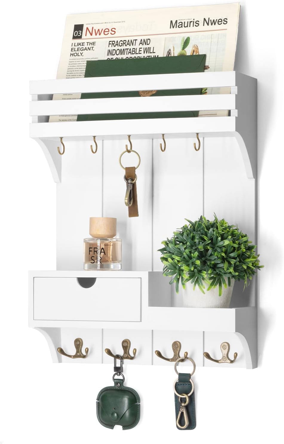 Rebee Vision Decorative Key Holder Wall Mount for Home Decor – Stylish Mail Organizer with 9 Key Hooks and Mini Drawer Organizer for Apartment Essentials – Room Decor Aesthetic (White)