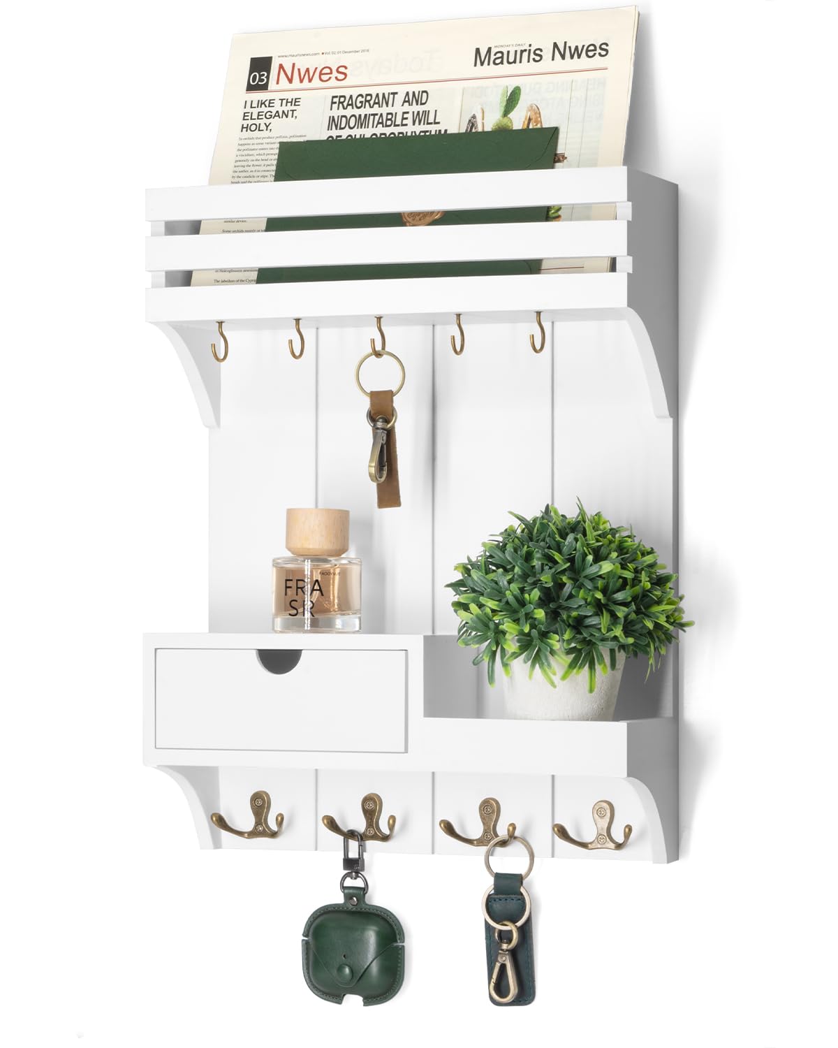 Rebee Vision Decorative Key Holder Wall Mount for Home Decor - Stylish Mail Organizer with 9 Key Hooks and Mini Drawer Organizer for Apartment