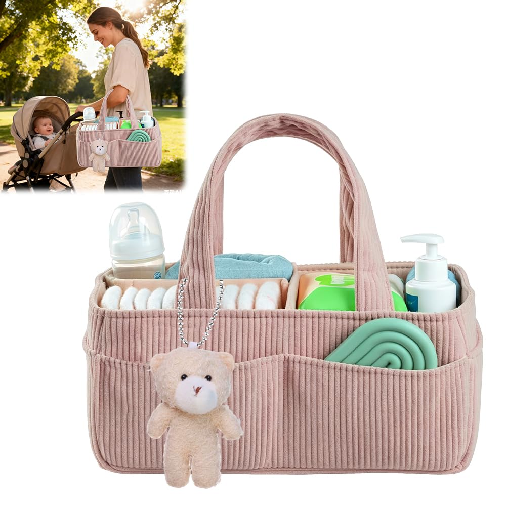 organizer do przechowywania pieluszek, przenośny kosz na pieluchy z przegródkami i uchwytami, duży organizer na pieluchy, diaper caddy z miśkiem, organizer na pieluchy do podróży dla dzieci