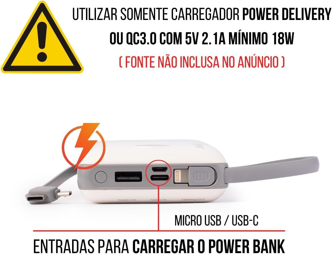 Power Bank Carregador Portátil 20.000mAh Digital compatível com iPhone, Samsung, Motorola, Nokia, Asus e Xiaomi Universal Celular Power Bank 3em1-Vende Mais (Branco/Cinza)