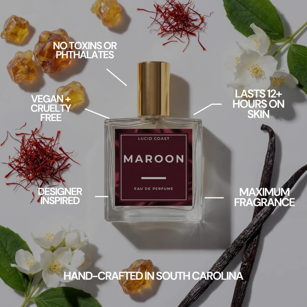 Lucid Coast Maroon Perfume – Ambery Saffron & Jasmine – Inspired by Baccarat Rouge 540 – Long Lasting Extrait Strength Fragrance – Notes of Cedarwood & Ambergris – Clean, Vegan & Cruelty Free