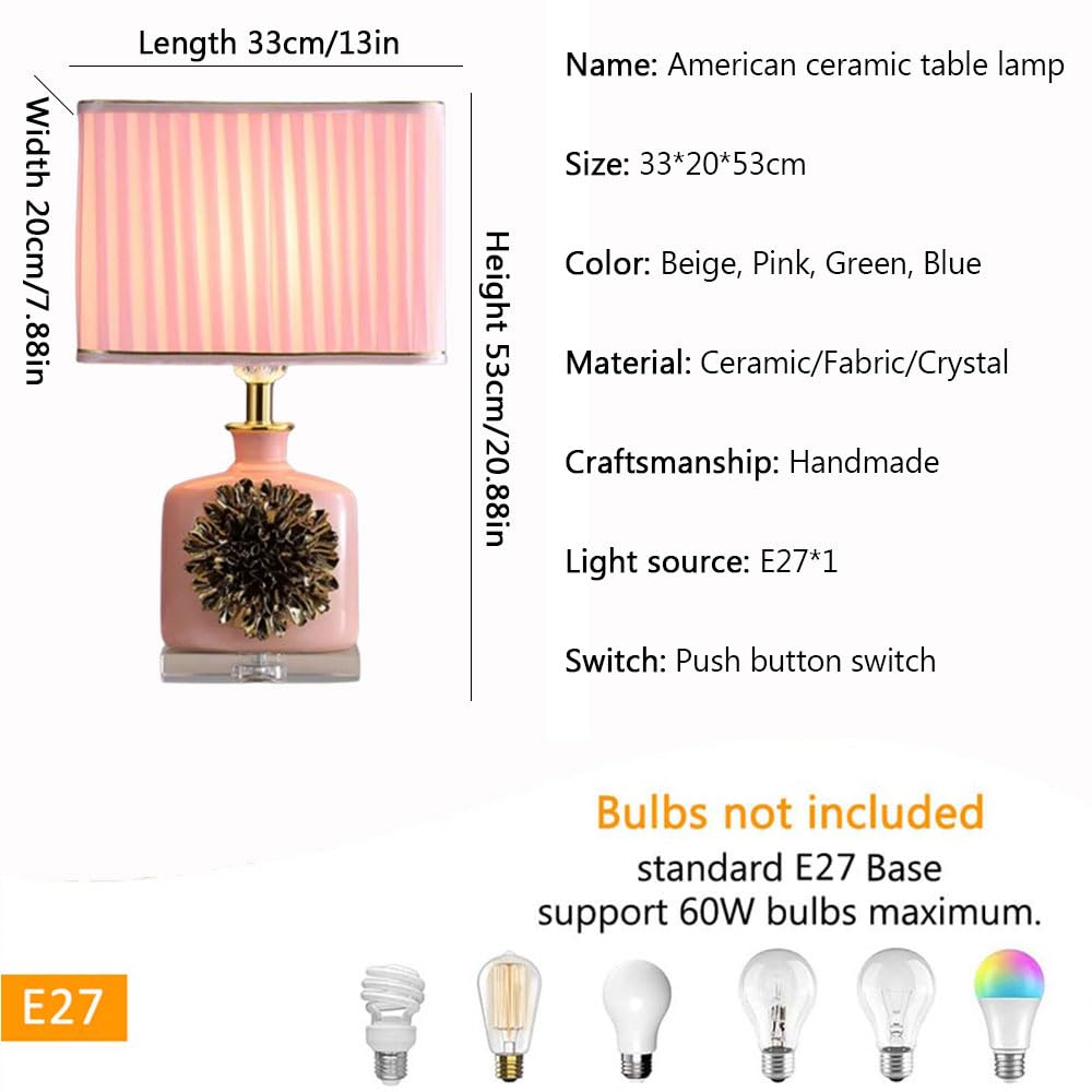 Beżowa, różowa, zielona, niebieska ceramiczna lampa stołowa 53 cm, amerykańska lampka nocna z lnianym abażurem | Lampka do czytania na biurko do sypialni i salonu, D