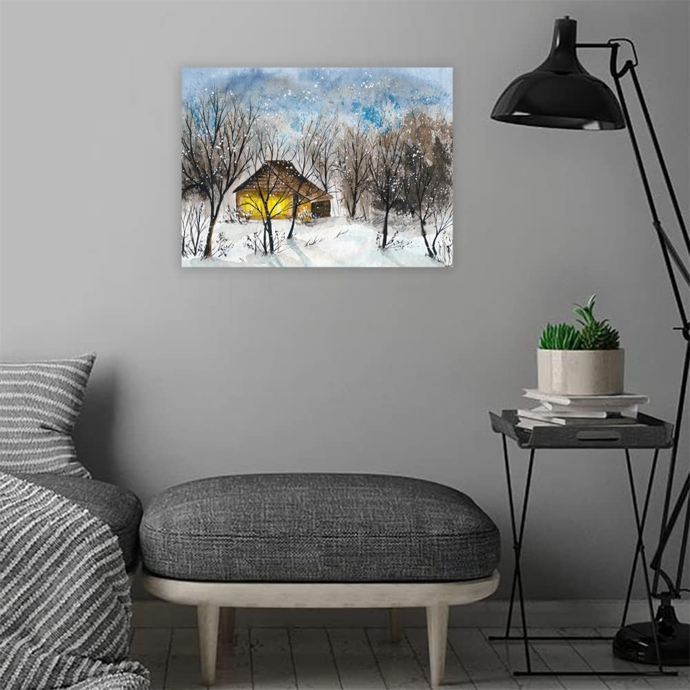 VERRE ART Wood Framed Canvas - Wall Decor for Living Room, Bedroom, Office, Hotels, Drawing Room (22in X14in) - Log Cabin In Winter