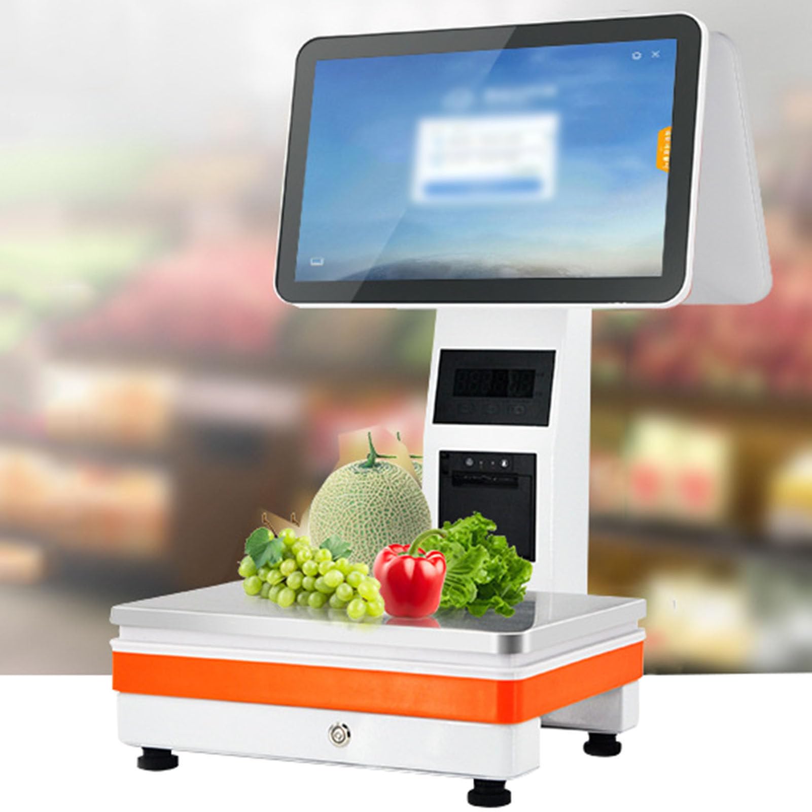 Registratore di Cassa per Negozio,Portata: 15kg,Stampante Termica 58mm,Bilancia Elettronica,Altoparlante,Bilancia con Scontrino,Schermo Secondario per Riproduzione Pubblicitaria