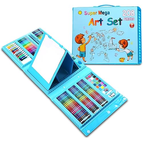 LEGETOJ Art Supplies, Premium 208-Piece Drawing Art Kit, Art Set Crafts Case with Double Sided Trifold Easel, Includes Sketch Pads, Oil Pastels,Crayons,Colored Pencils. (Blue)