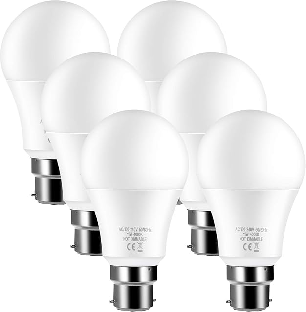 LED B22 Bayonet 100W Equivalent Light Bulbs, 4000K Cool White, 100W Incandescent Bulbs Replacement, 11W A60 GLS Frosted BC Bulbs, Super Bright, Non-Dimmable, Energy Saving Light Bulbs, 6-Pack