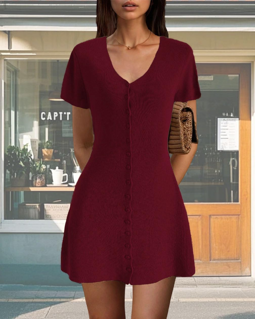 Women Sexy Deep V Neck Button Front Knit Mini Dress Elegant Short Sleeve Ribbed Flowy Hem A-Line Short Dress - Image 2