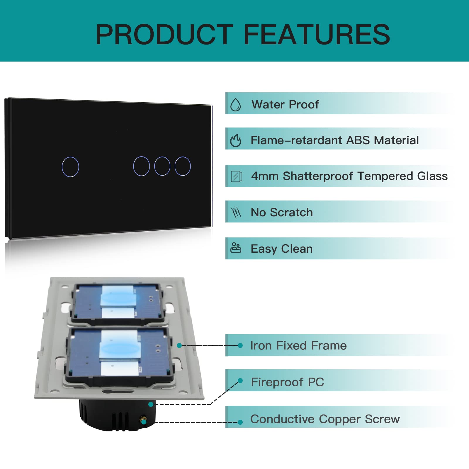 BSEED Interruttore touch WIFI intelligente, doppio interruttore della luce da parete con pannello in vetro compatibile con Alexa/Smart Life/Tuya (non necessita di cavo neutro) 1 Gang + 3 Gang 1 via