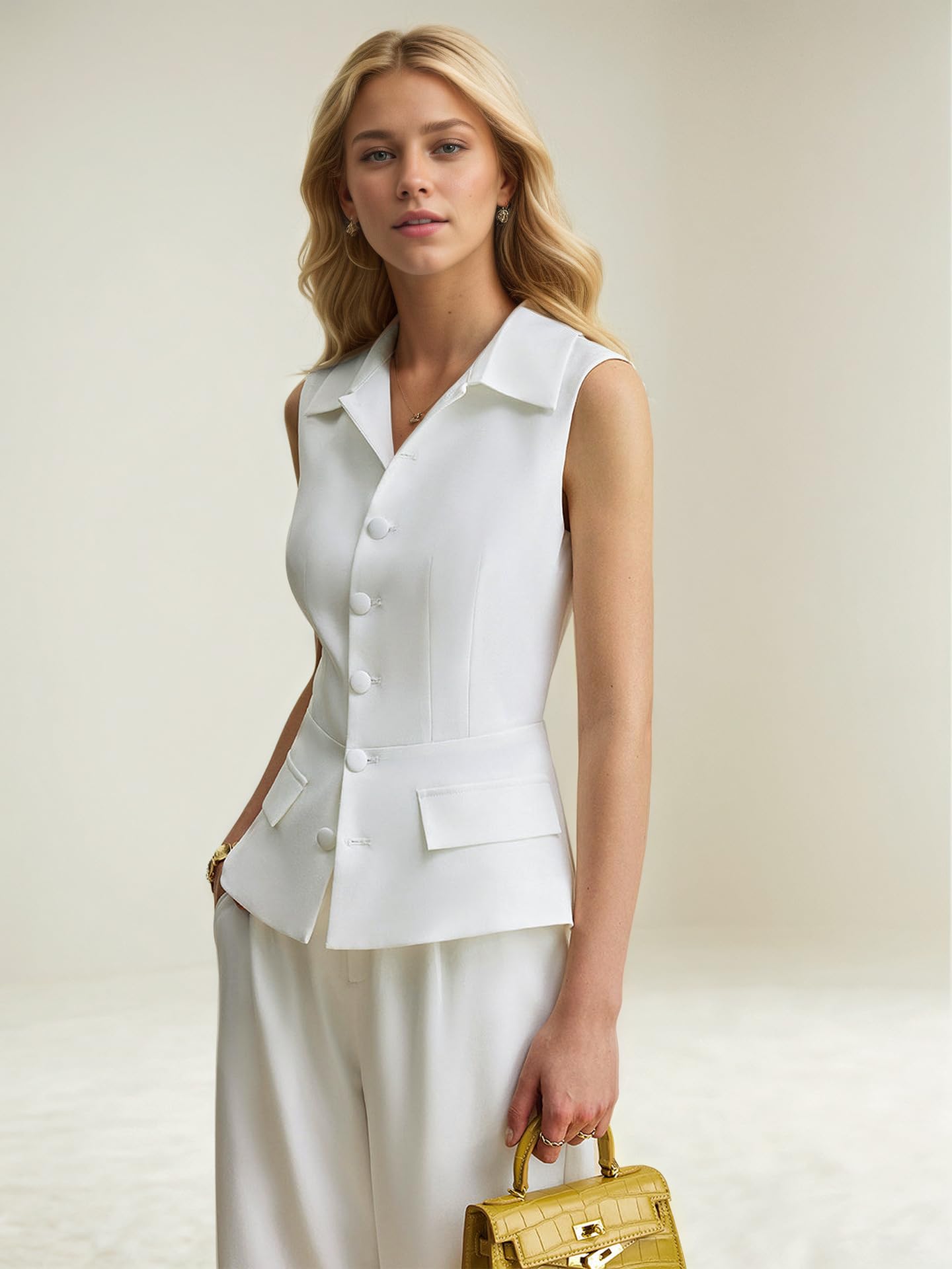 Conjunto Mujer Conjunto De Dos Piezas Blanco Para Mujer Chaleco Sin Mangas Con Cuello Y Botonadura Sencilla Y Pantalones De Pierna Ancha A Juego Ideal Para Ocasiones Formales Como La Oficina Bodas O