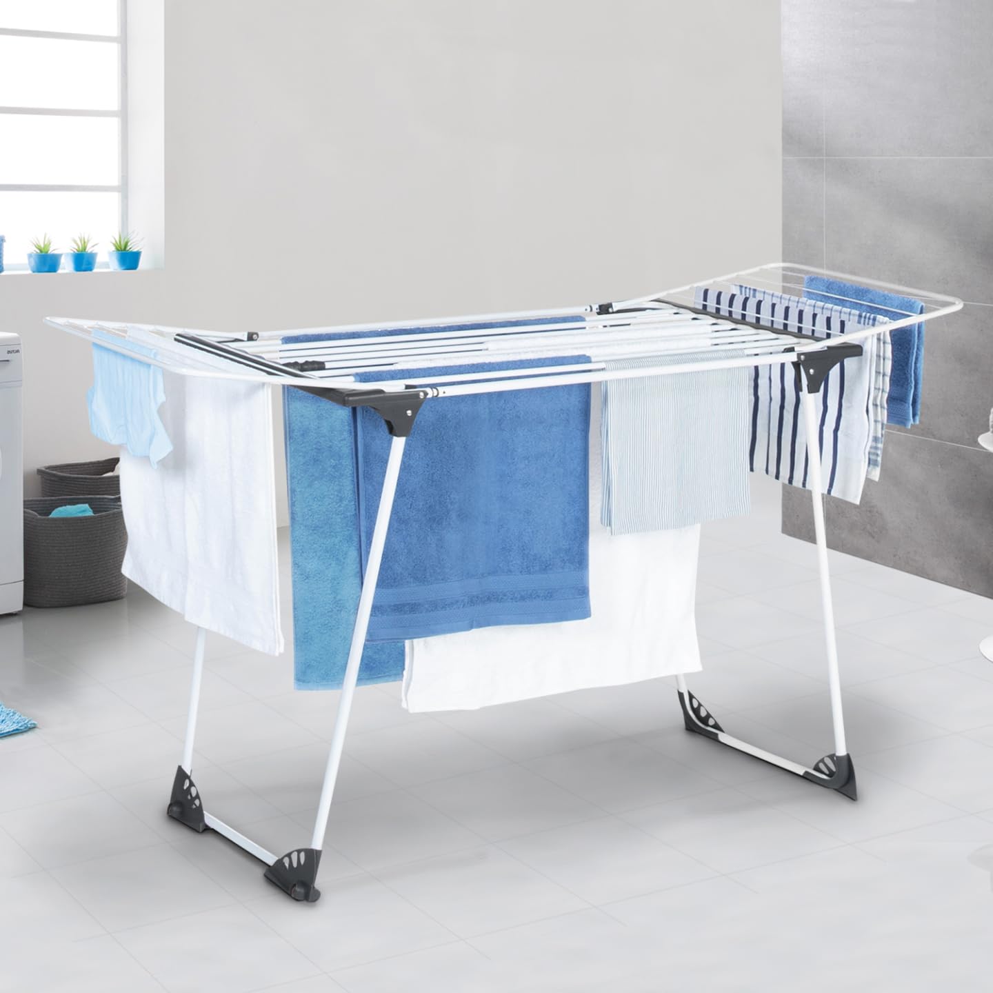 IDMarket - Tendedero extensible y plegable gris y blanco 160 a 211,5 cm ULTRA