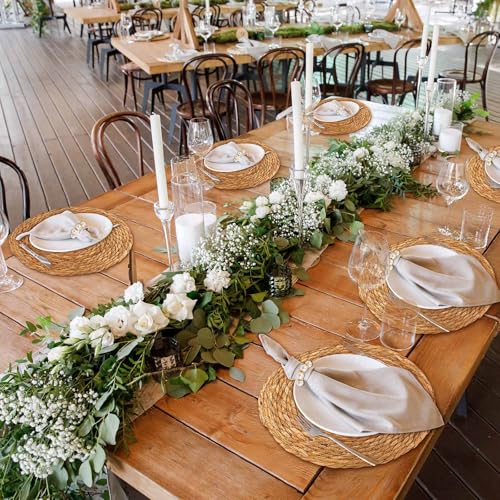 Image of 30 Pcs Cattail Round Woven Placemats Set, Cattail Placemats with Pearl Napkin Rings Boho Farmhouse Rustic Woven Chargers Natural Mat Bulk for Wedding Party, Dinner Table (13 Inch)
