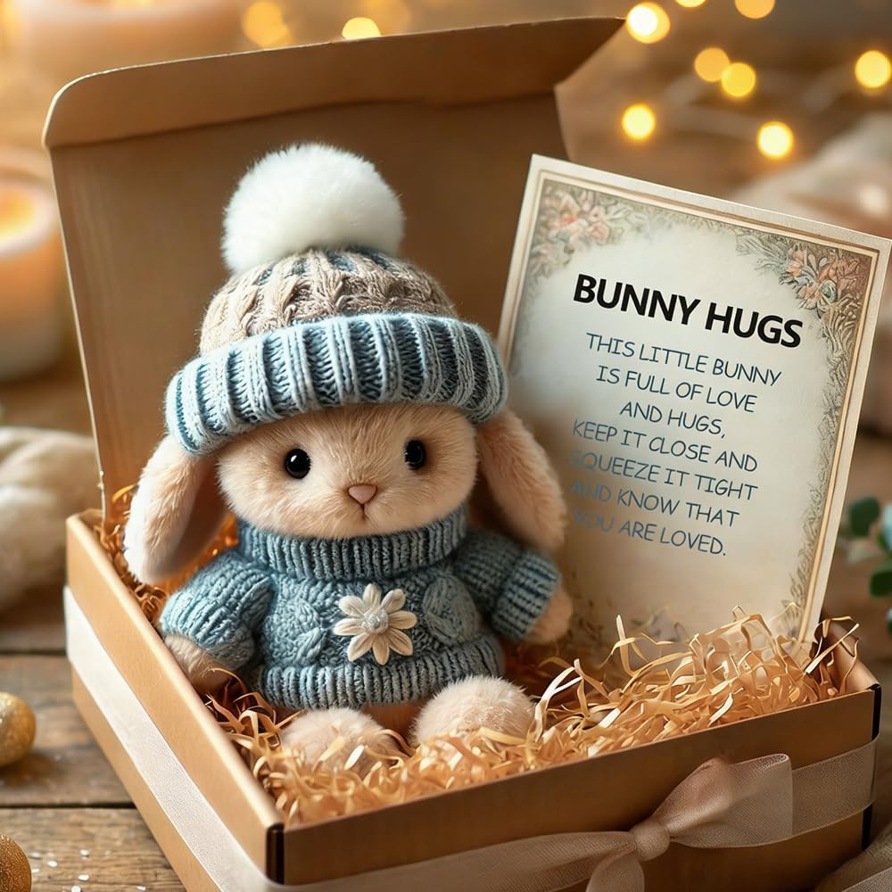 LECDOA Handmade Mini Bunny Hug Cute Easter Gift, Soft Plush Rabbit in Box with Inspirational Card & Light, Emotional Support Pocket Toy, Easter Basket Stuffers for Women Men Friends Family (Blue)