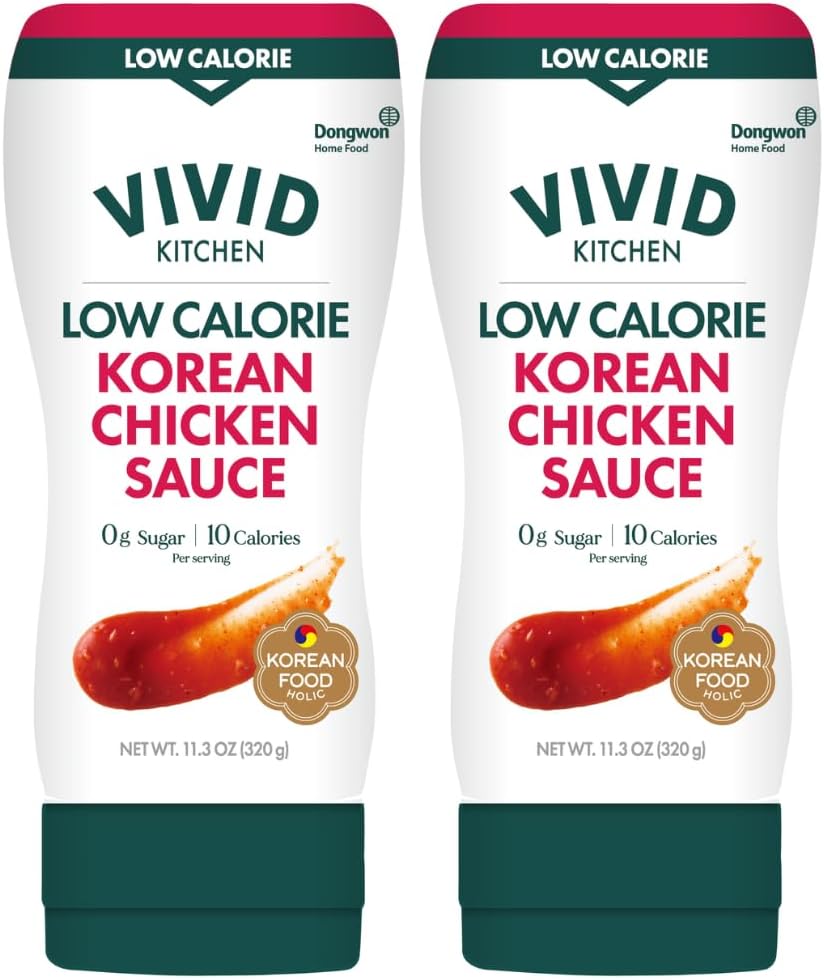 - VIVID KITCHEN Korean Chicken Sauce – Low-Calorie, No Preservatives – Sweet and Savory Flavor – Easy Squeeze Bottles – Authentic Korean BBQ Marinade and Dipping Sauce – 2 Pack – 11.33 oz Each