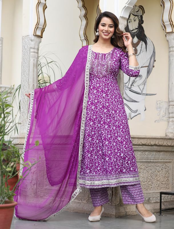 Image of NASRO Women's Viscose Rayon Printed Embroidered Round Neck 3 /4th Sleeves Anarkali Kurta & Pant Suit Set /Salwar Suit Set (Purple)