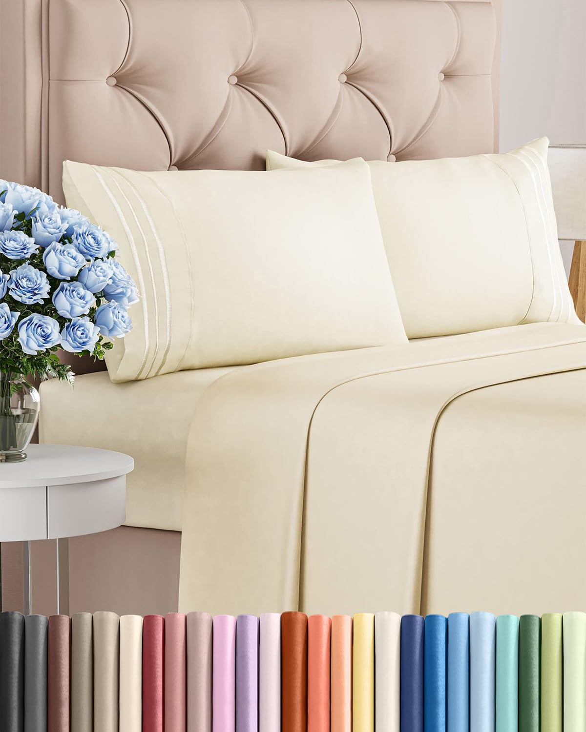 king size 4 piece sheet set - comfy breathable & cooling sheets - hotel luxury bed sheets for women, men, kids & teens - deep pockets, easy-fit, wrinkle free sheets - off white oeko-tex bed sheet set