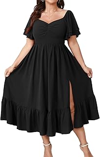 Womens Plus Size Wedding Guest Cocktail Dresses Sweetheart Neckline Short Sleeve Smocked Ruffle Slit Maxi Dress