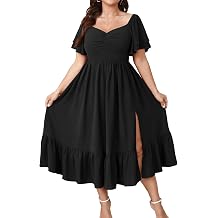 SCOMCHIC Womens Plus Size Wedding Guest Cocktail Dresses | Sweetheart Neckline, Short Sleeve, Smocked, Ruffle Slit, Party, Formal, Summer, Long, Maxi Dress