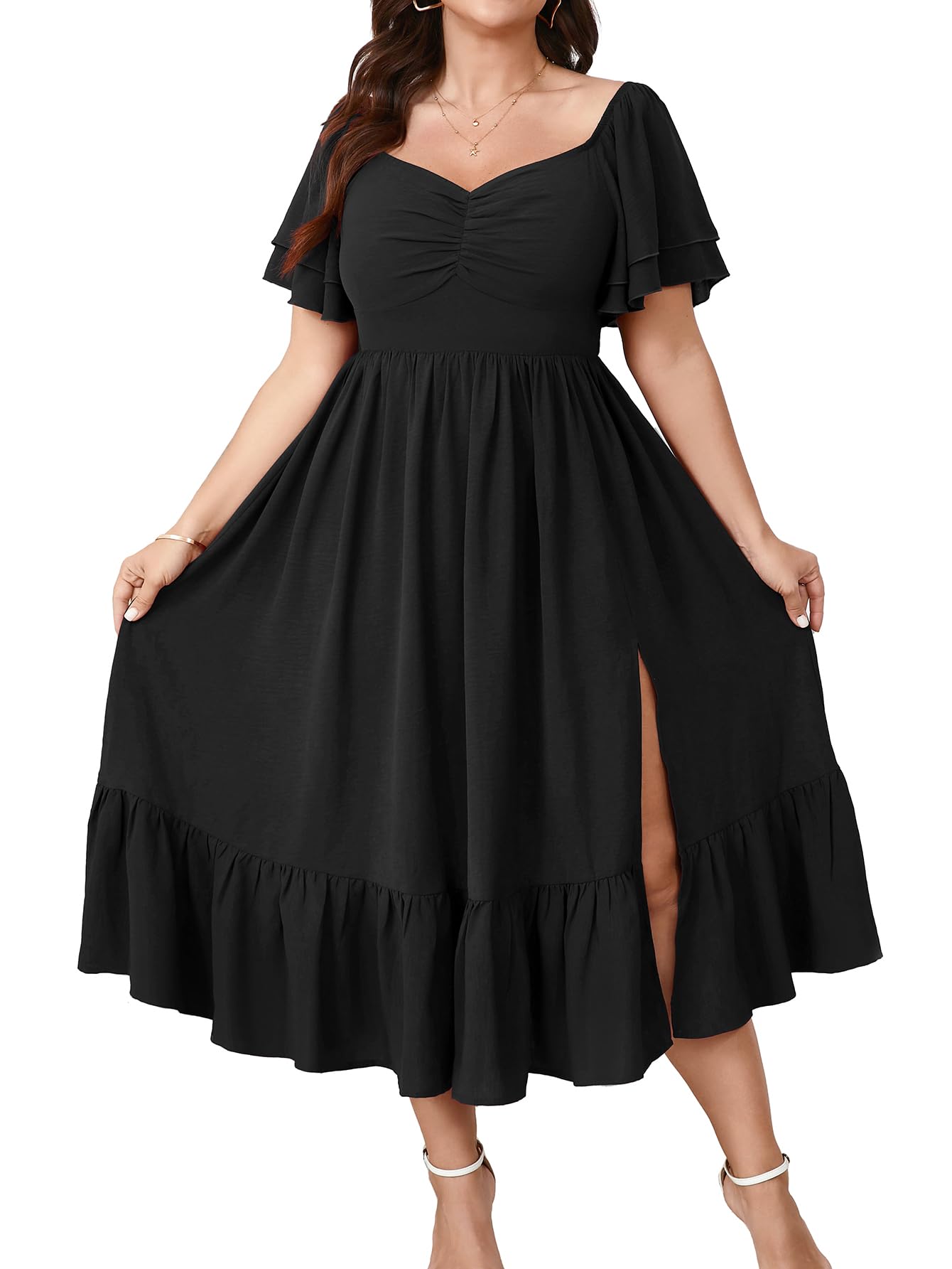 Photo 1 of ** stock photo for reference **
SCOMCHIC Womens Plus Size Wedding Guest Cocktail Dresses Sweetheart Neckline Short Sleeve Smocked Ruffle Slit Maxi Dress Pink
