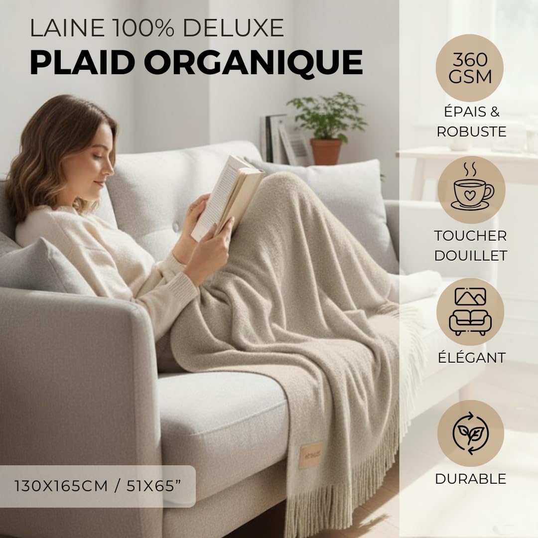 menique Plaid 100% Laine Milan 130x165 cm Beige Couverture en Laine Épaisse Style Automne Jeté Extra Fin et Chaud pour Camping Extérieur Canapé Lit