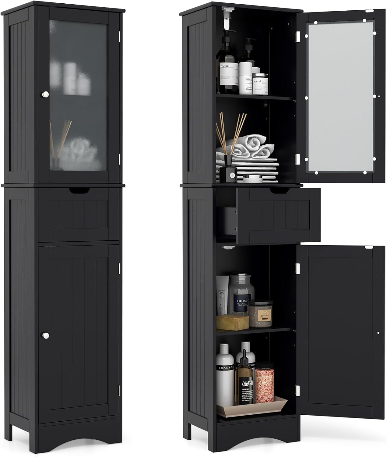Tangkula 67" Tall Bathroom Storage Cabinet, Slim Freestanding Tower w/ 2 Doors & 1 Drawer, Narrow Floor Cabinet w/Adjustable Shelves & Tempered Glass Door for Bathroom Living Room (Black)