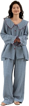 Womens Peter Pan Collar Pajama Set, Long Sleeve Button-Up Top and Wide-Leg Pants, Blue Polka Dot Pattern