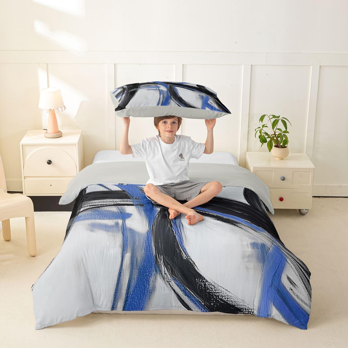 jejeloiu Blue and Black Striped Duvet Cover Toddler Size Abstract Gromment Stripes Bedding Set Breathable Soft Modern Geometric Comforter Cover 2Pcs Bedroom Decor No Comforter Breathable