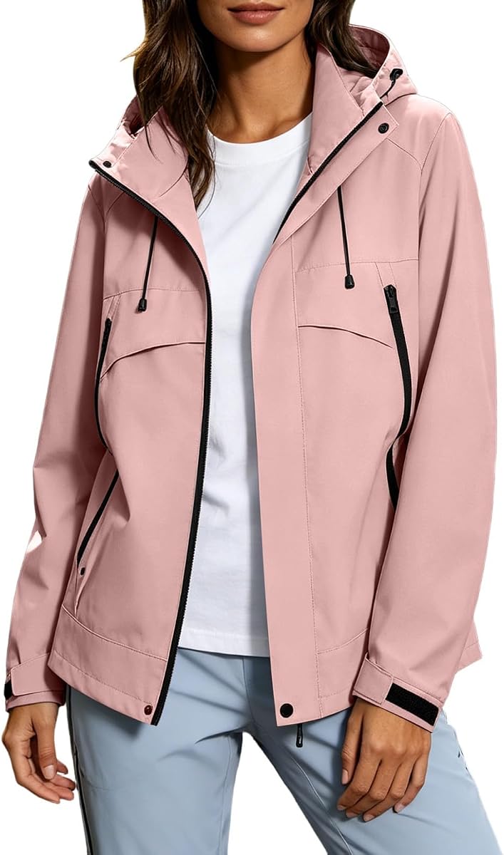 Oplxuo Chaqueta impermeable ajustable para mujer con bolsillo con cremallera para exteriores