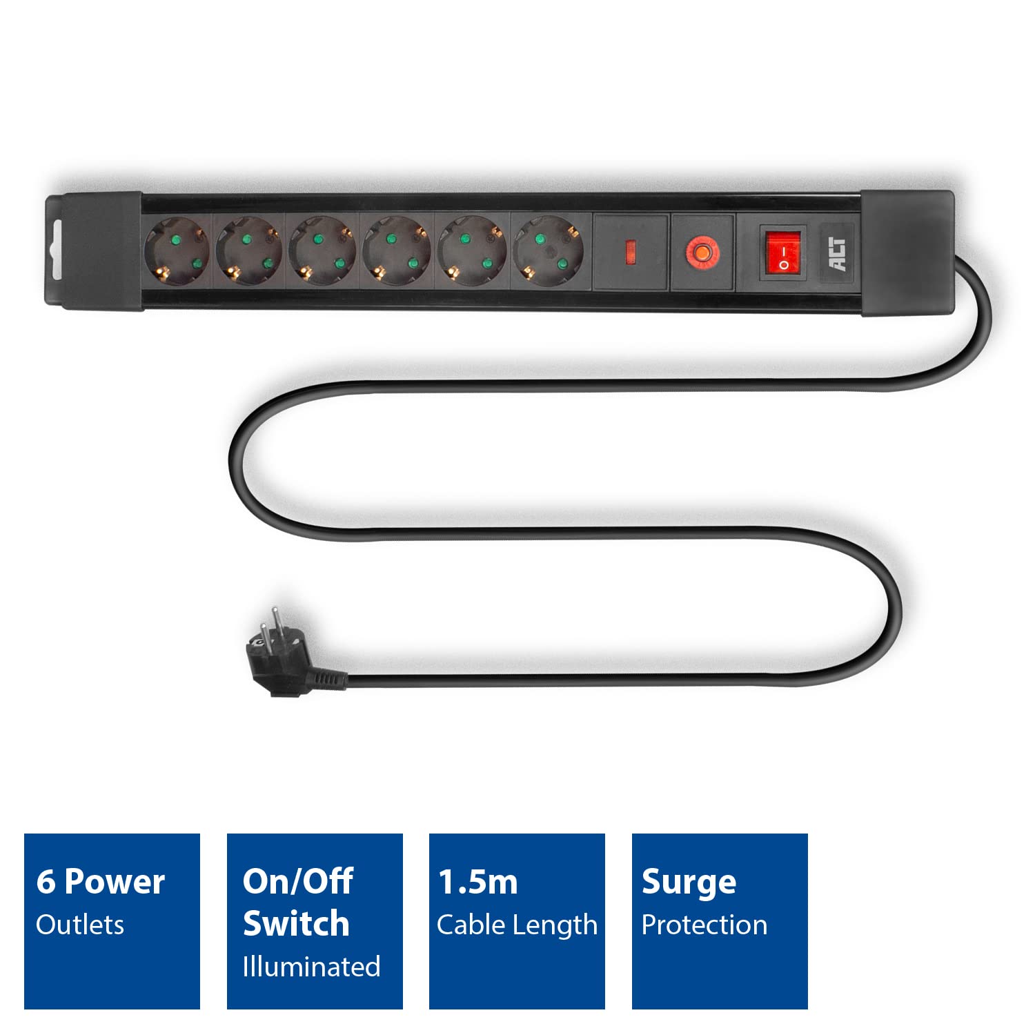 Act Regleta con protección contra sobretensiones 13500 A, Power Strip 1,5 m, regleta con Interruptor, Enchufe de distribución con ángulo de 45 Grados, AC2450