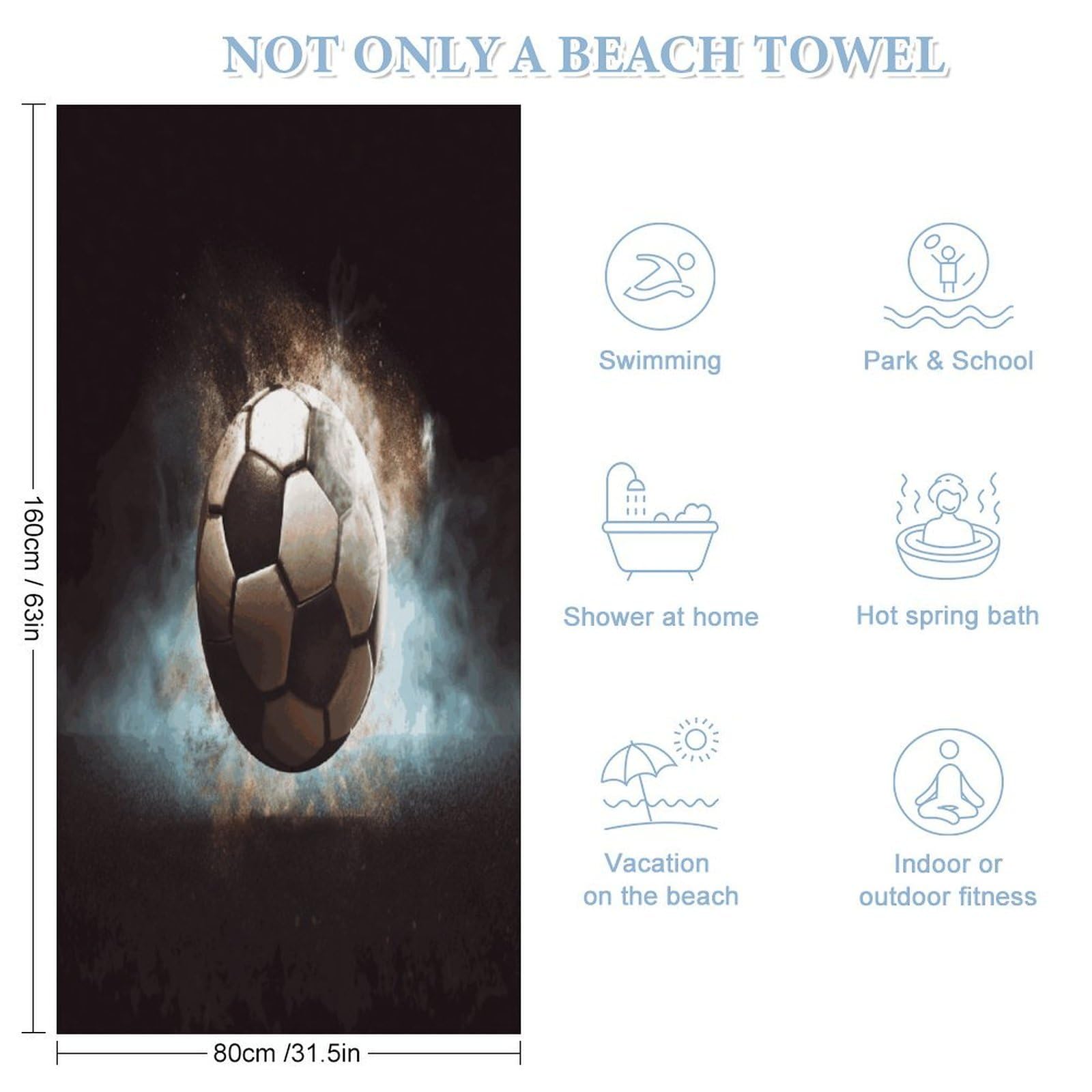 Toallas de baño deportivas de fútbol unisex, toalla de playa ligera de secado rápido, toalla de baño para viajes, deportes, piscina, natación, baño, camping, yoga, adultos, 160 x 80 cm