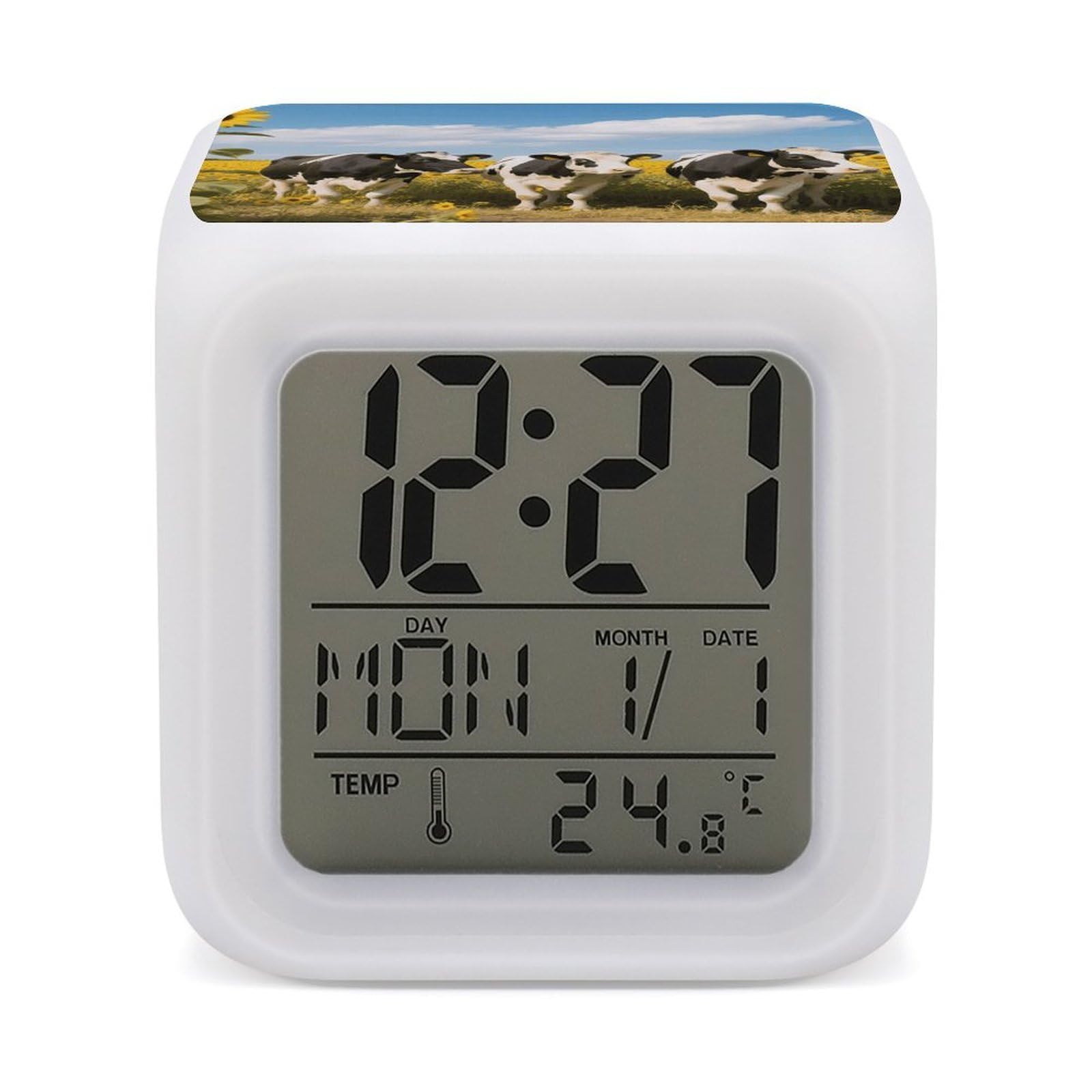FodPand 7 Color Ambient Night Light Cube Battery Operated Cow Digital Clock with Snooze Temperature LED Digital Alarm Clocks Dimmable Wake Up Light Portable Mood Lamp for Bedroom Desk Gift