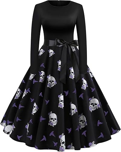 Vestidos de Halloween para mujer de manga larga vestido de cóctel swing esqueleto calabaza impreso fiesta de disfraces disfraz para fiesta