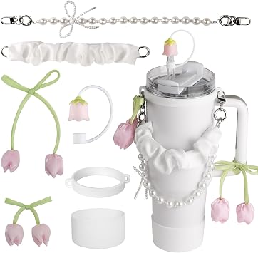 7PCS Cup Accessories Set for Stanley Cup 30oz 40oz tumbler with handle, Tulip Set,Pearl Bow Decoration&Ribbon Handle,Tulip Straw topper cover,Silicone Boot Pink